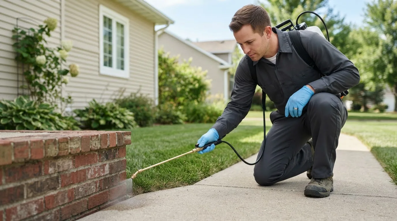 Pest control technician treating a home near Austinville, VA